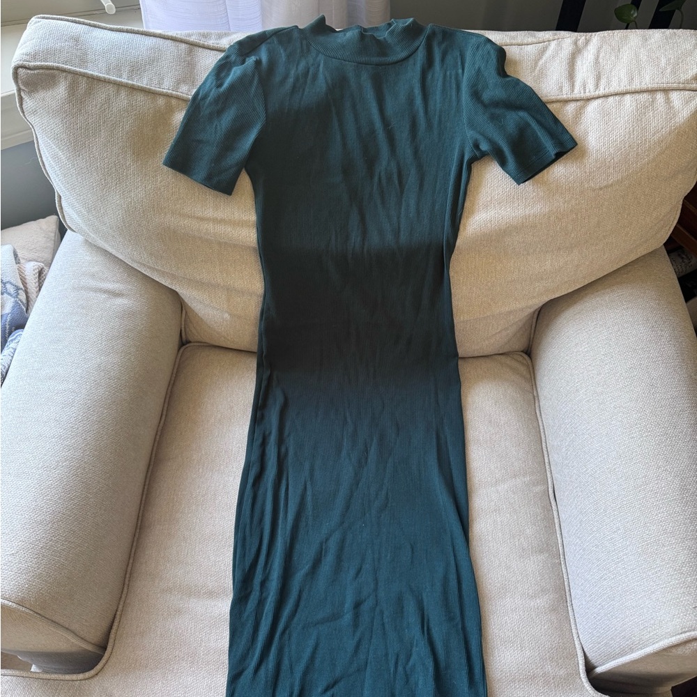 Zara Green Ribbed Bodycon Dress Mock Neck Short Sleeve